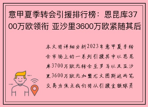 意甲夏季转会引援排行榜：恩昆库3700万欧领衔 亚沙里3600万欧紧随其后
